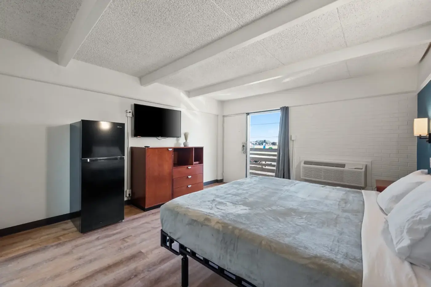 Room with full-size fridge, microwave and TV